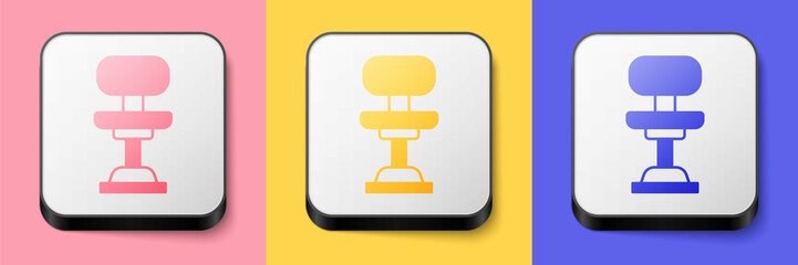 Isometric Office chair icon isolated on pink, yellow and blue background. Square button. Vector