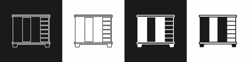 Set Wardrobe icon isolated on black and white background. Cupboard sign. Vector