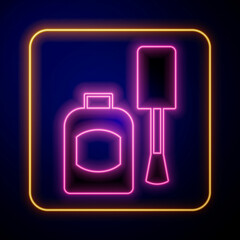 Glowing neon Bottle of nail polish icon isolated on black background. Vector