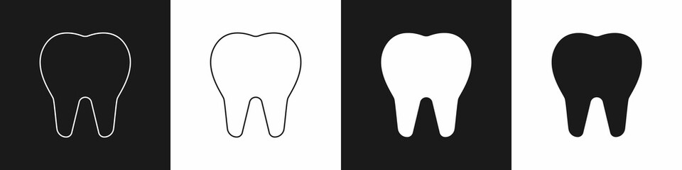 Set Tooth icon isolated on black and white background. Tooth symbol for dentistry clinic or dentist medical center and toothpaste package. Vector