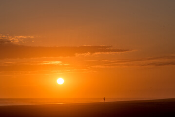 Man walking on the beach in golden sunset with the sun over the sea