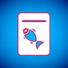 White Served fish on plate icon isolated on blue background. Vector