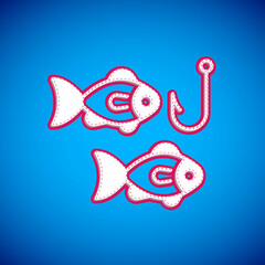 White Fishing hook under water with fish icon isolated on blue background. Fishing tackle. Vector