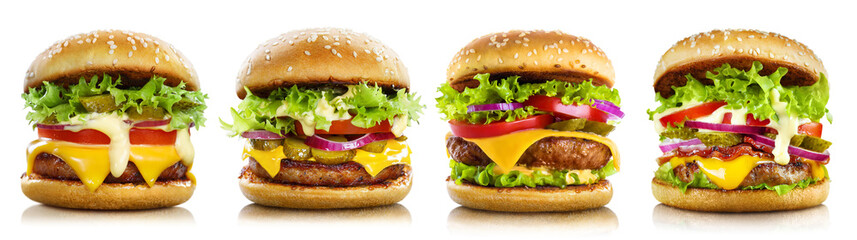 Set of tasty burgers, isolated on white background