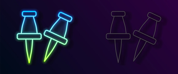 Glowing neon line Push pin icon isolated on black background. Thumbtacks sign. Vector