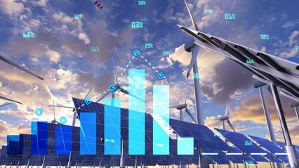 Financial indexes on a background of the renewable energy farm with solar panels and wind turbines. Economic efficiency of alternative energy production and the independence from fossil fuels. - Powered by Adobe