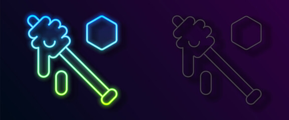 Glowing neon line Honey dipper stick icon isolated on black background. Honey ladle. Vector