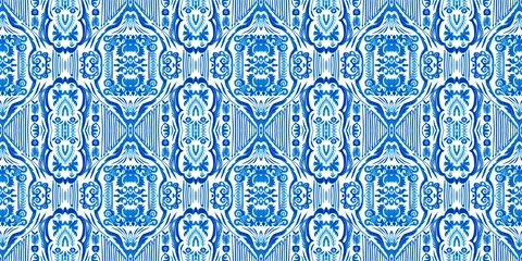  Blue white watercolor azulejo tile border background. Seamless coastal geometrical floral mosaic effect banner. Ornamental arabesque summer fashion repeat edge trim.