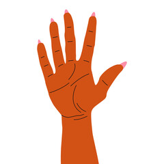 A flat vector illustration of a hand with five fingers raised. Gesture symbol number five. Counting something by flexing your fingers.