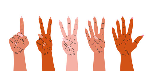 A flat vector set of hands demonstrating gestures by flexing the fingers. Isolated design on a white background.