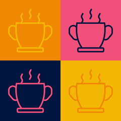 Pop art line Bowl of hot soup icon isolated on color background. Vector