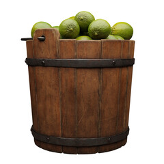 limes, wooden bucket filled with juicy citrus fruits isolated on white background - obrazy, fototapety, plakaty