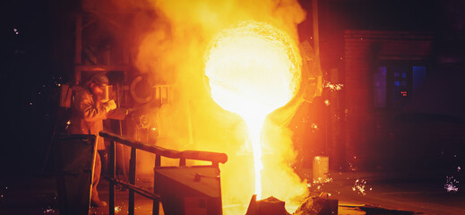 Foundry metallurgy heavy industry factory. Metallurgical steelworks. Steel production. Liquid metal...