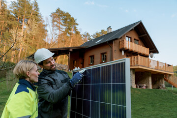Man and woman solar installers carrying solar module while installing solar panel system on house.