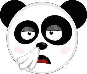 Vector illustration of the face of a cartoon panda bear with a cold and with a handkerchief on his nose