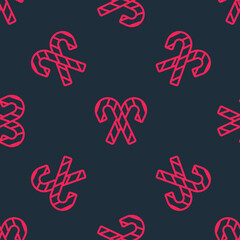 Red line Christmas candy cane with stripes icon isolated seamless pattern on black background. Merry Christmas and Happy New Year. Vector