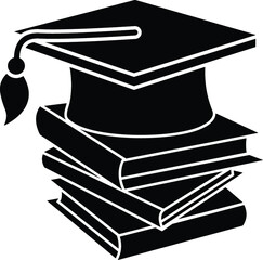 Black and White Cartoon Illustration Vector of a University Graduates Mortarboard and Book Stack