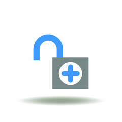 Vector illustration of open lock with medical pharmacy cross or plus. Icon of medicine datum secrecy, privacy, insurance. Symbol of safety health.