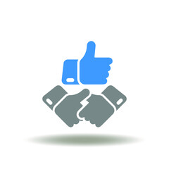 Vector illustration of thumb up or like hand gesture. Symbol of win-win partnership strategy. Icon of assessment, feedback, customer experience.