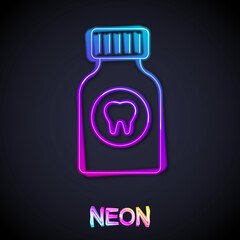 Glowing neon line Toothache painkiller tablet icon isolated on black background. Tooth care medicine. Capsule pill and drug. Pharmacy design. Vector