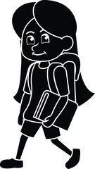 Black and White Cartoon Illustration Vector of a School Student Walking and Carrying Backpack and Books