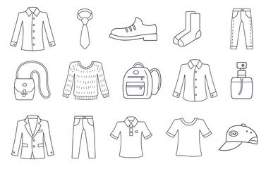 Men clothing and fashion items isolated vector line icons set. Shirt, necktie, shoes, socks, jeans pants, bag, sweater sweatshirt, backpack, perfume bottle, blazer or suit jacket, t shirt and cap.