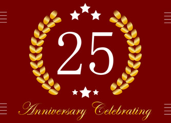 25 years anniversary celebration. Birthday date vector with gold crown on red background.