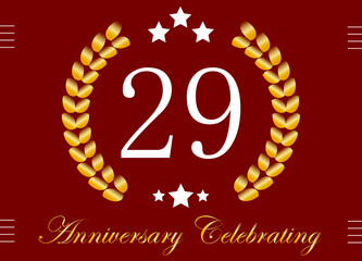 29 years anniversary celebration. Birthday date vector with gold crown on red background.