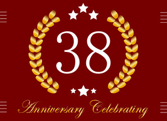 38 years anniversary celebration. Birthday date vector with gold crown on red background.