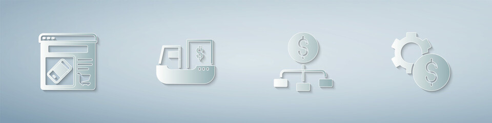Set Online shopping on screen, Cargo ship with boxes delivery, Hierarchy dollar and Gear symbol. Paper art style. Vector