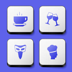 Set Coffee cup, Wine glass, Carnival mask and Italian cook icon. White square button. Vector