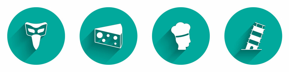 Set Carnival mask, Cheese, Italian cook and Leaning tower in Pisa icon with long shadow. Vector