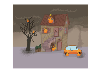 #Incendio #fuego #quema #siniestro #catástrofe desastre  ilustración, carro, casa, árbol, humo, ilustración, dibujo, ambiente, entorno, vida, 