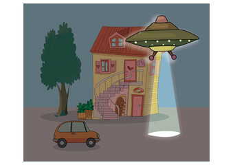 invasión extraterrestre, ovni, carro, casa, arbol, ocupación, asalto, ataque, correría, incursión, irrupción, asedio, penetración, entrada, plaga