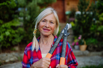 Portrait of senior woman gardening in summer, holding pruning sheares and looking at camera.