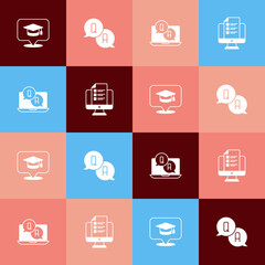 Set pop art Graduation cap in speech bubble, Question and Answer, and Online quiz, test, survey icon. Vector