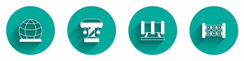 Set Playground climbing equipment, Attraction carousel, Kid playground slide pipe and Education logic game icon with long shadow. Vector