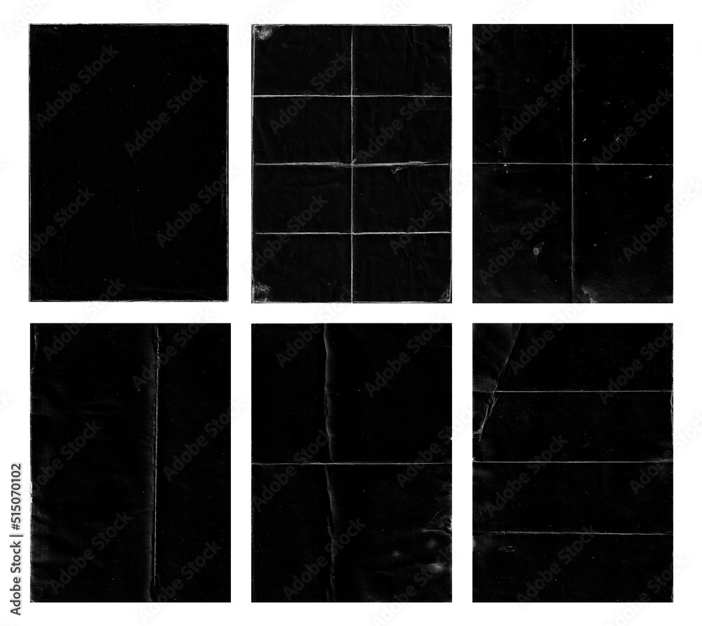 Poster Set of folded paper with grungy texture in black background. can be used to replicate the aged and worn look for your creative design. old paper for photo texture overlay in retro style