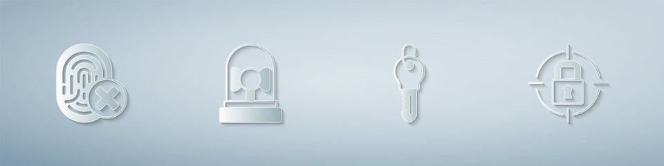 Set Cancelled fingerprint, Ringing alarm bell, Key and Lock. Paper art style. Vector