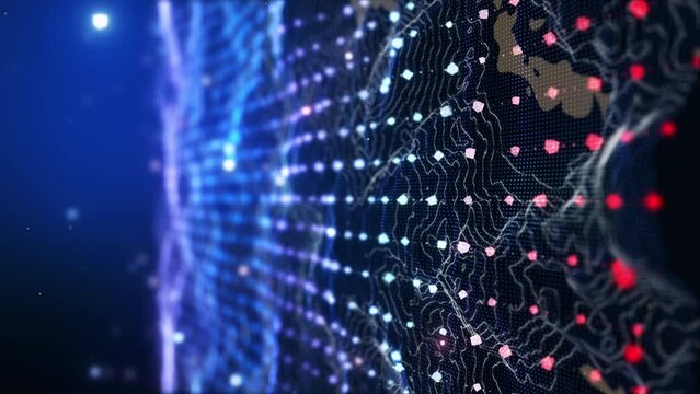 Vertical footage. Glow red pink purple blue digital landscape with cube particle. Crypto currency, big data, block chain and digital technology concept. 3D Rendering.