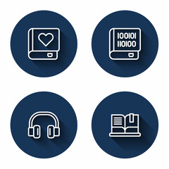 Fototapeta premium Set line Romance book, Books about programming, Headphones and Open with long shadow. Blue circle button. Vector