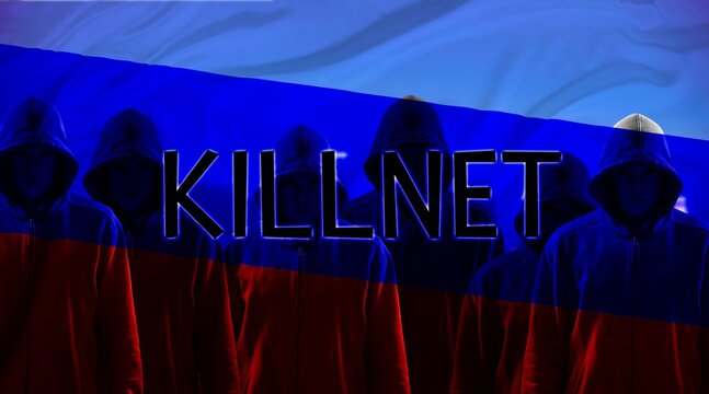 Russian killnet hacker group concept, man on flag background