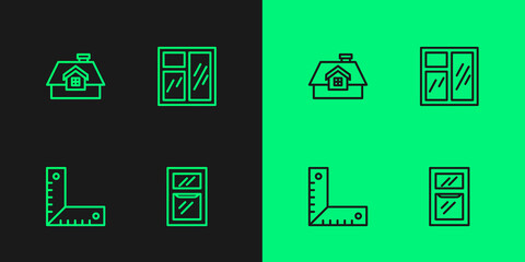 Set line Window in room, Corner ruler, House and icon. Vector