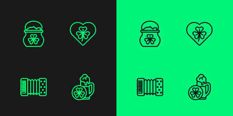 Set line Glass of beer, Accordion, Pot gold coins and Heart with clover trefoil leaf icon. Vector