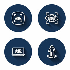 Set line Augmented reality AR, 360 degree view, and 3d modeling with long shadow. Blue circle button. Vector