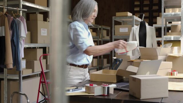 Confident mature middle aged woman retail seller, entrepreneur, clothing store small business owner walking in delivery dropshipping warehouse storage holding parcel box preparing ship delivery. 