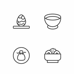 Set line Chow mein on plate, Wonton, Chinese tea egg and Soy sauce bowl icon. Vector