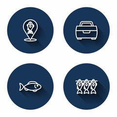 Set line Location fishing, Case or box for equipment, Fish and Dried with long shadow. Blue circle button. Vector