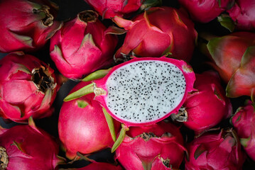 dragon fruit cut half on pitahaya background , fresh dragon fruit tropical in the asian thailand...