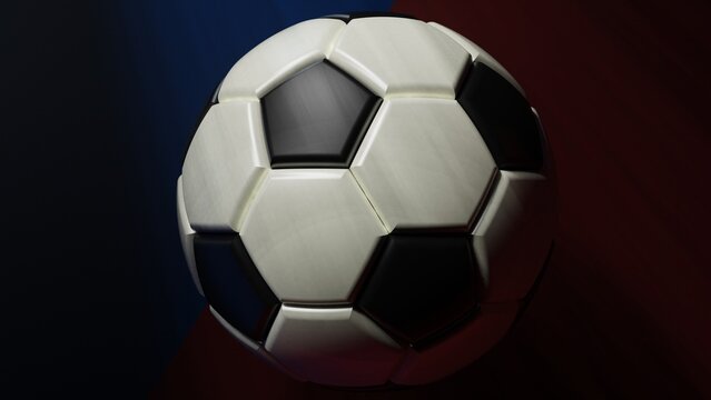 White-black soccer ball on blue-red surface under spot lighting background. 3D illustration. 3D high quality rendering.